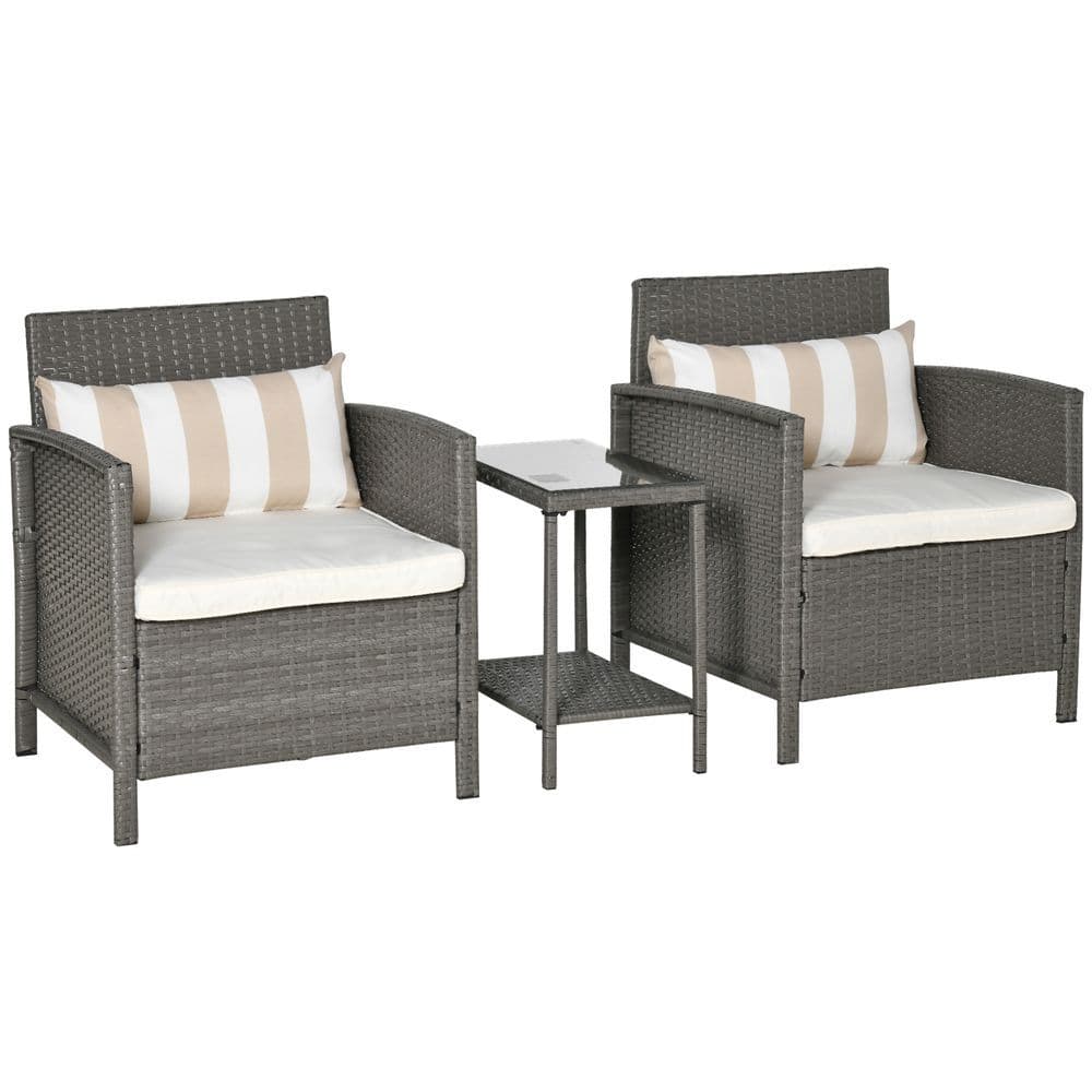 image-Rattan 2 Seater Patio Bistro Set with Cushion Pillow - Grey, Cream White