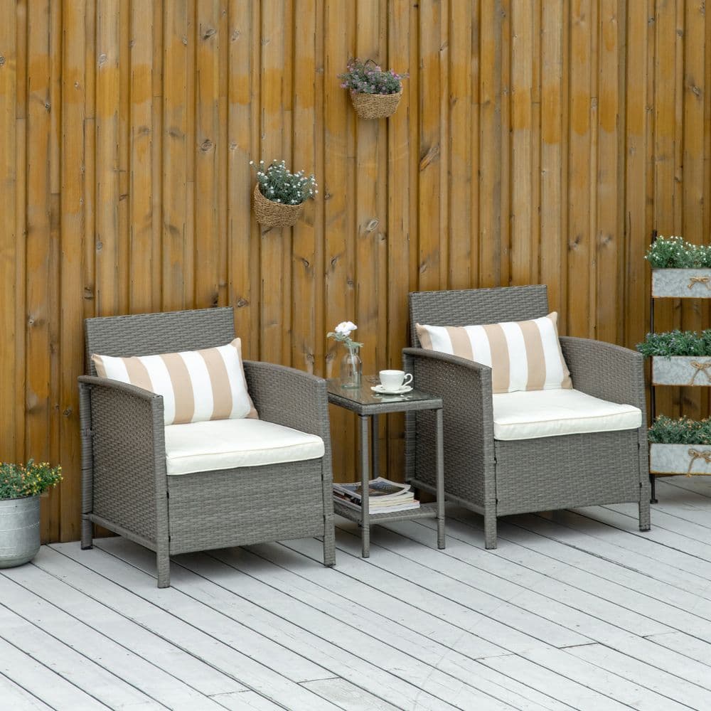 image-Rattan 2 Seater Patio Bistro Set with Cushion Pillow - Grey, Cream White