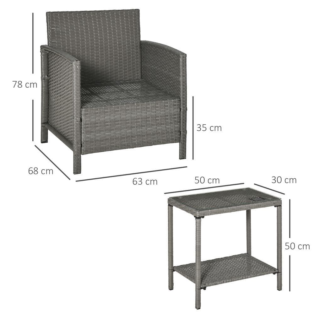image-Rattan 2 Seater Patio Bistro Set with Cushion Pillow - Grey, Cream White