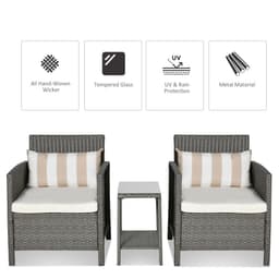 image-Rattan 2 Seater Patio Bistro Set with Cushion Pillow - Grey, Cream White