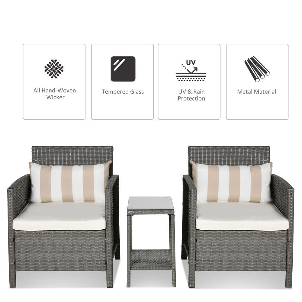 image-Rattan 2 Seater Patio Bistro Set with Cushion Pillow - Grey, Cream White