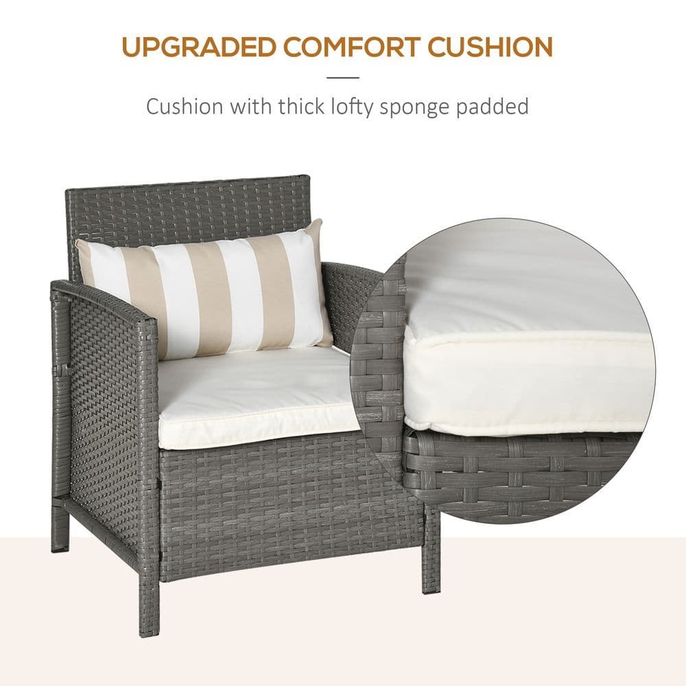 image-Rattan 2 Seater Patio Bistro Set with Cushion Pillow - Grey, Cream White