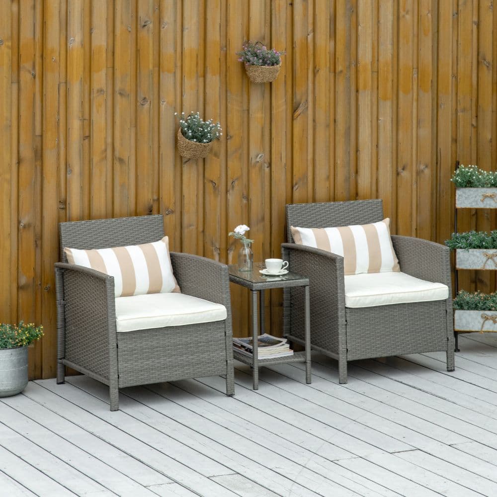 image-Rattan 2 Seater Patio Bistro Set with Cushion Pillow - Grey, Cream White