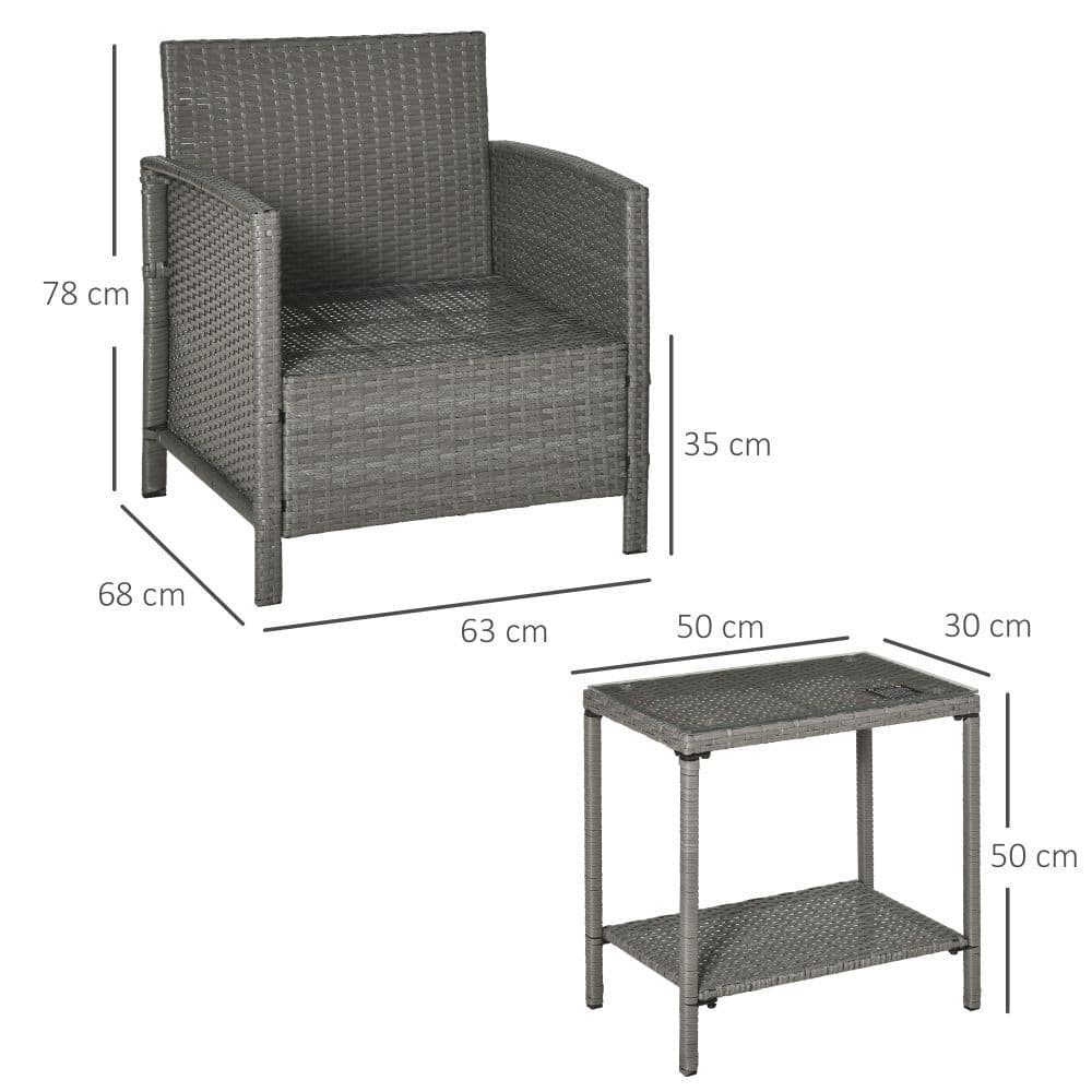 image-Rattan 2 Seater Patio Bistro Set with Cushion Pillow - Grey, Cream White