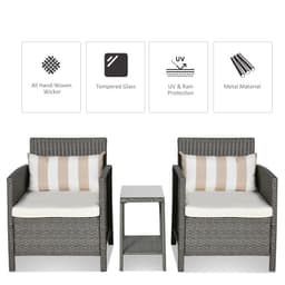 image-Rattan 2 Seater Patio Bistro Set with Cushion Pillow - Grey, Cream White