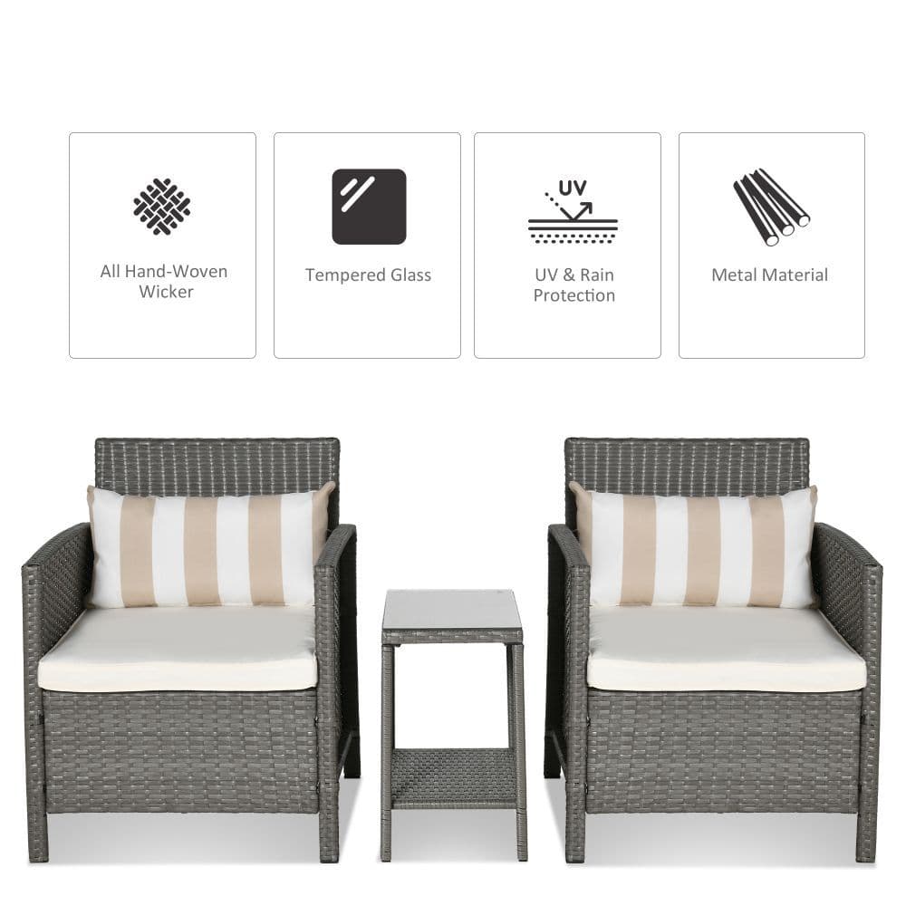 image-Rattan 2 Seater Patio Bistro Set with Cushion Pillow - Grey, Cream White