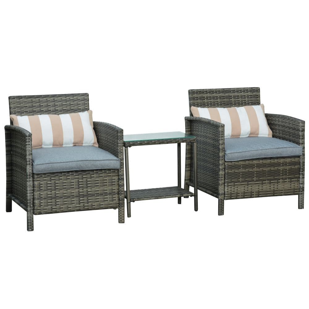 image-Outsunny 2-Seater PE Rattan Side Table & Armchair Set w/ Pillows Grey