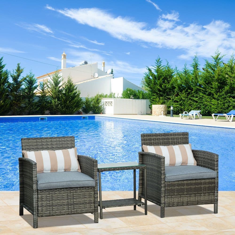 image-Outsunny 2-Seater PE Rattan Side Table & Armchair Set w/ Pillows Grey