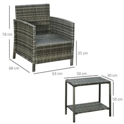 image-Outsunny 2-Seater PE Rattan Side Table & Armchair Set w/ Pillows Grey