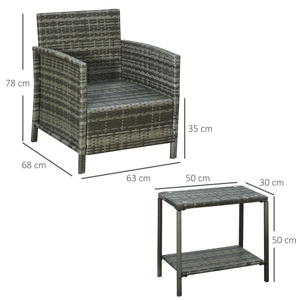 image-Outsunny 2-Seater PE Rattan Side Table & Armchair Set w/ Pillows Grey