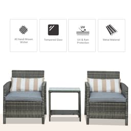 image-Outsunny 2-Seater PE Rattan Side Table & Armchair Set w/ Pillows Grey