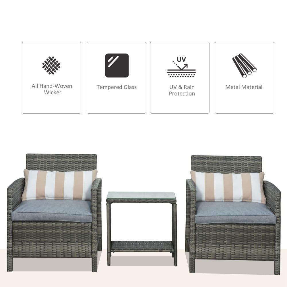 image-Outsunny 2-Seater PE Rattan Side Table & Armchair Set w/ Pillows Grey