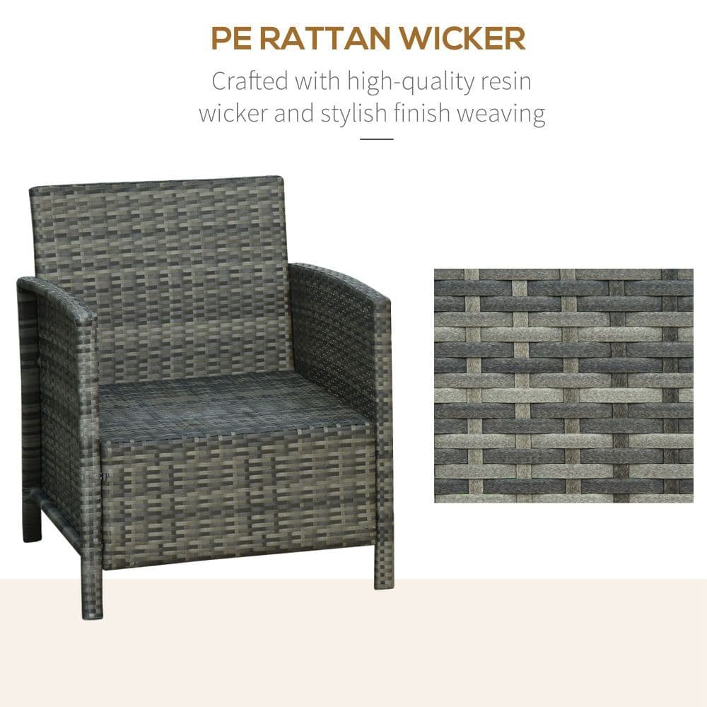 image-Outsunny 2-Seater PE Rattan Side Table & Armchair Set w/ Pillows Grey
