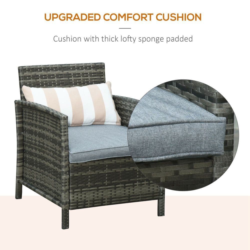 image-Outsunny 2-Seater PE Rattan Side Table & Armchair Set w/ Pillows Grey