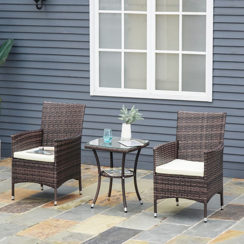 image-2 Seater Outdoor Rattan Armchair w/ Armrests Cushions Mixed Brown