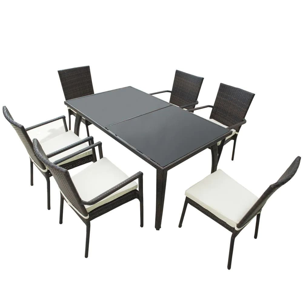 image-6-Seater Brown Rattan Garden Furniture Tempered Glass Table