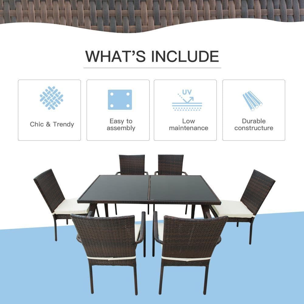 image-6-Seater Brown Rattan Garden Furniture Tempered Glass Table