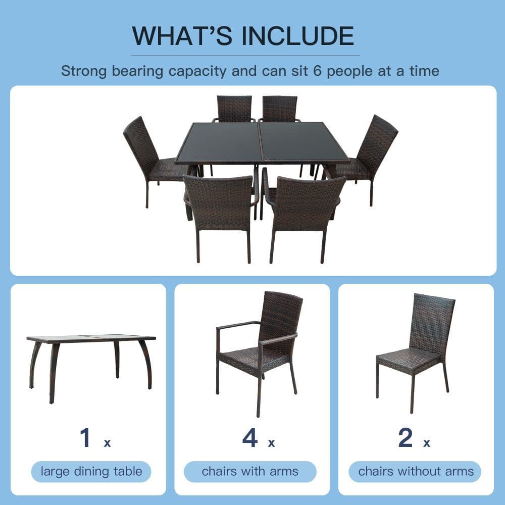 image-6-Seater Brown Rattan Garden Furniture Tempered Glass Table