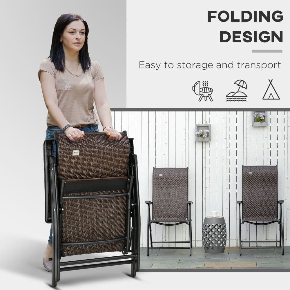 image-Set of 2 Outdoor Patio PE Rattan Dining Armrests Chair Adjustable Red Brown