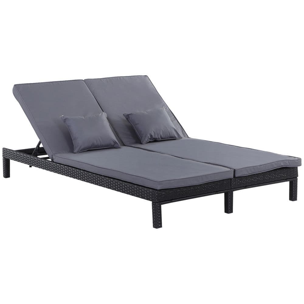 image-2 Seater Rattan Lounger Adjustable Cushions Black