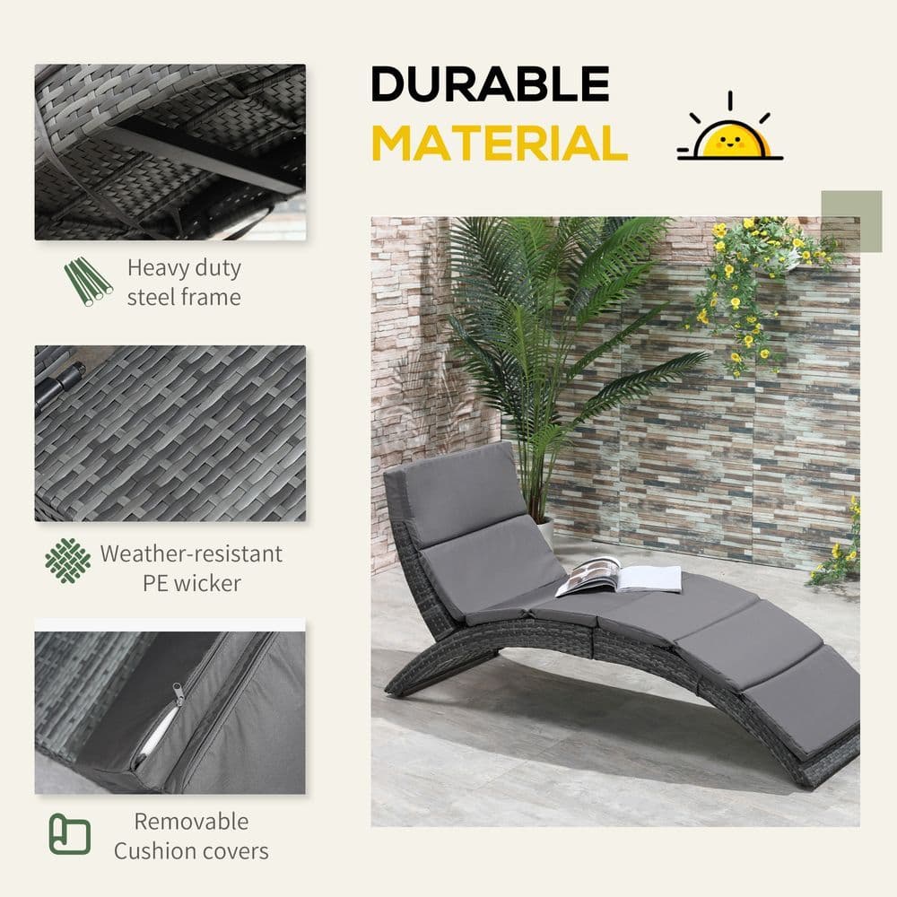 image-Garden Patio Rattan Wicker Folding Sun Lounger Cushion Grey