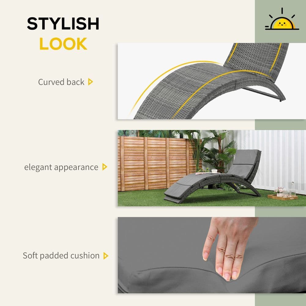image-Garden Patio Rattan Wicker Folding Sun Lounger Cushion Grey