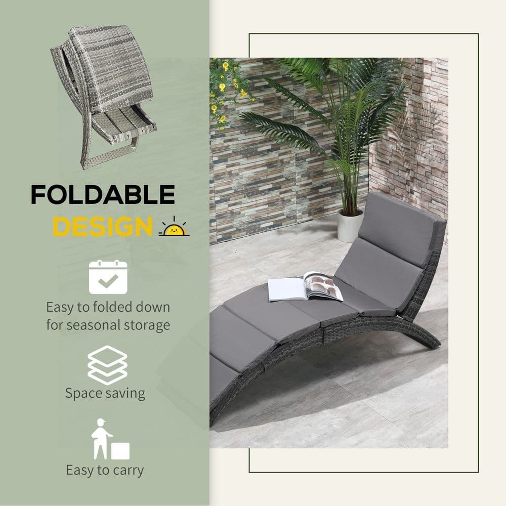 image-Garden Patio Rattan Wicker Folding Sun Lounger Cushion Grey