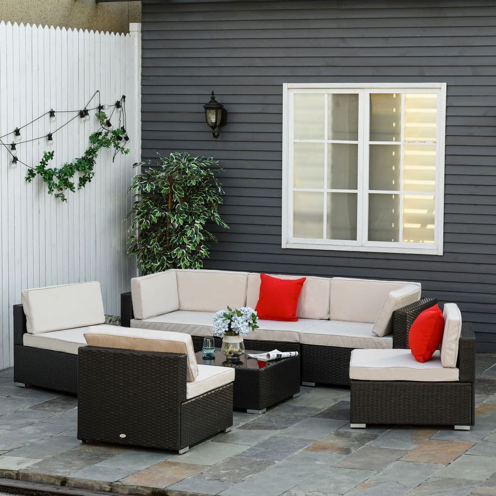 image-6-Seater Garden Rattan Sofa Seat Coffee Table W/Cushion Dark Brown