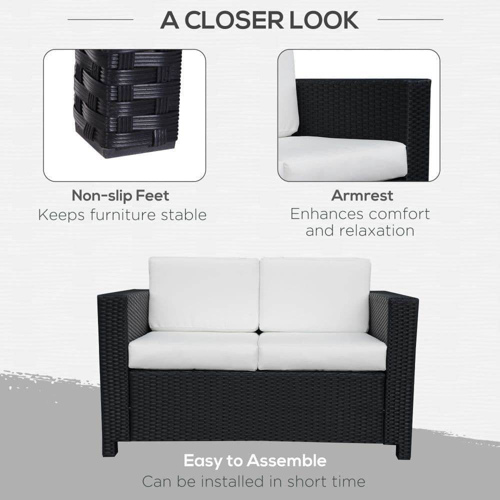 image-Outsunny 2 Seater Rattan Garden Sofa Black Double Couch Loveseat Wicker