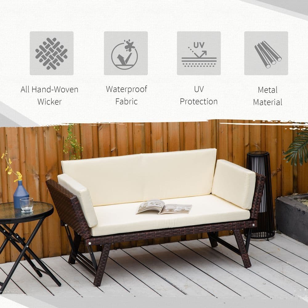 image-Outsunny 2-Seater 2-in-1 Rattan Convertible Sofa Daybed Brown