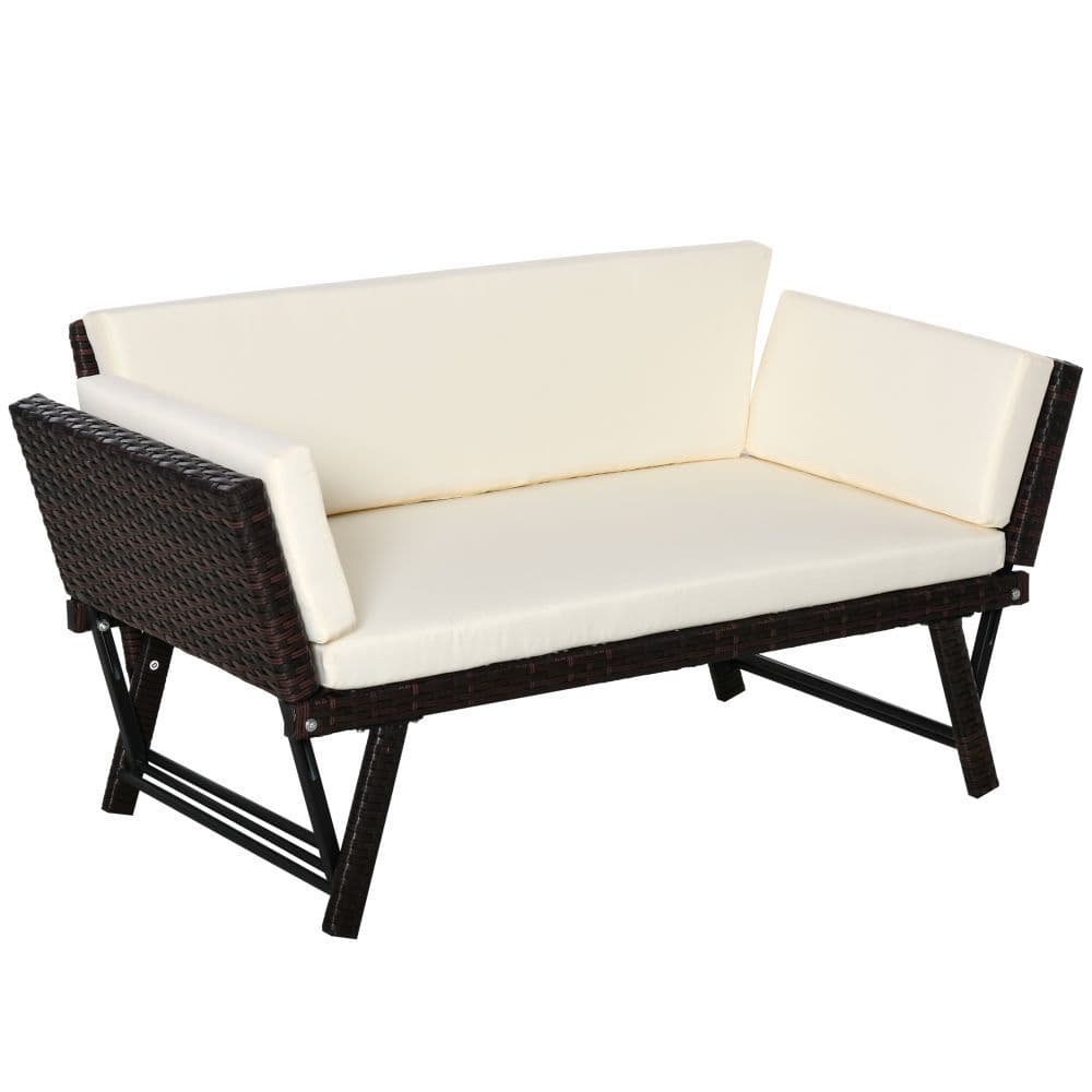 image-Outsunny 2-Seater 2-in-1 Rattan Convertible Sofa Daybed Brown