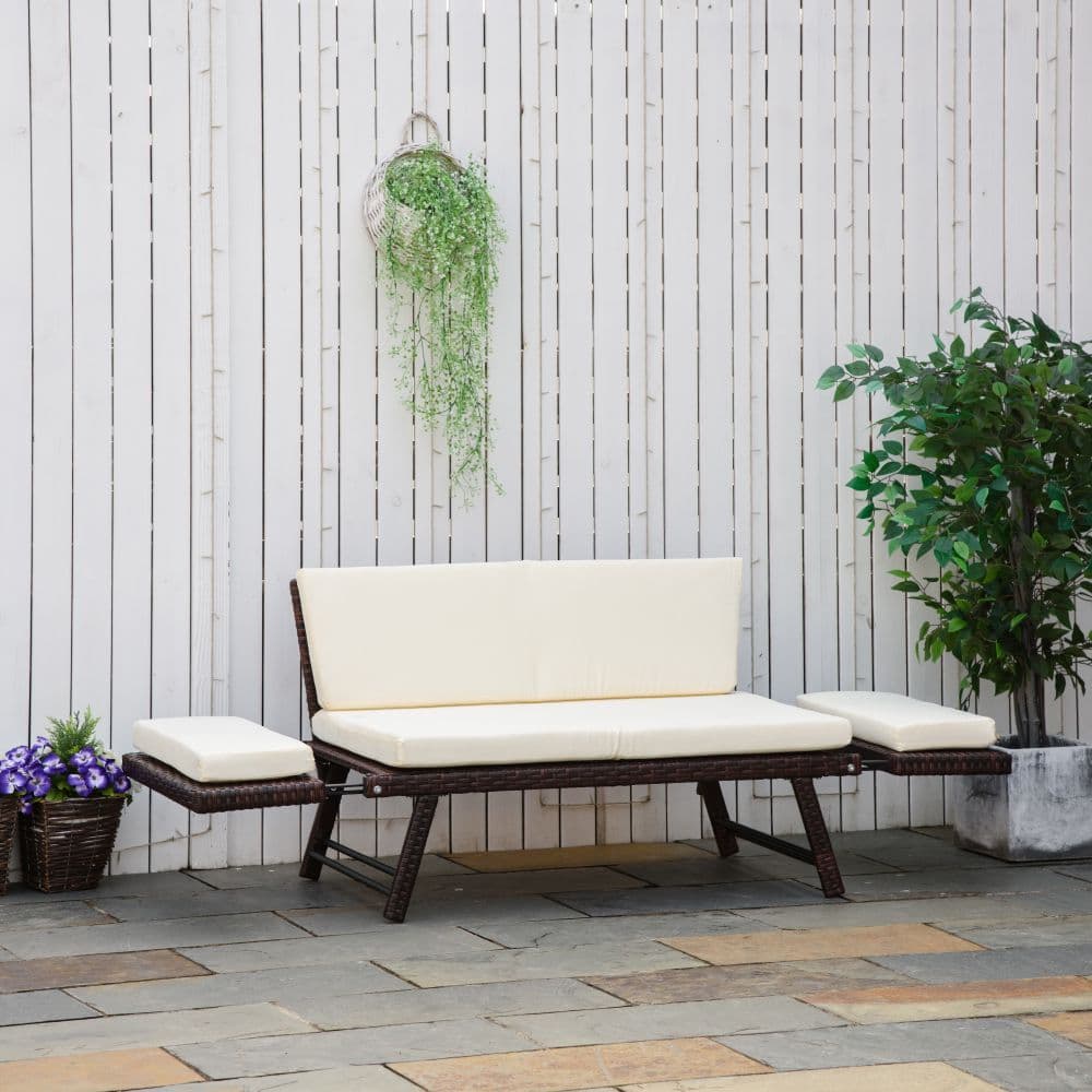 image-Outsunny 2-Seater 2-in-1 Rattan Convertible Sofa Daybed Brown
