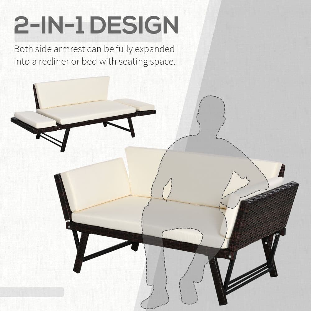 image-Outsunny 2-Seater 2-in-1 Rattan Convertible Sofa Daybed Brown