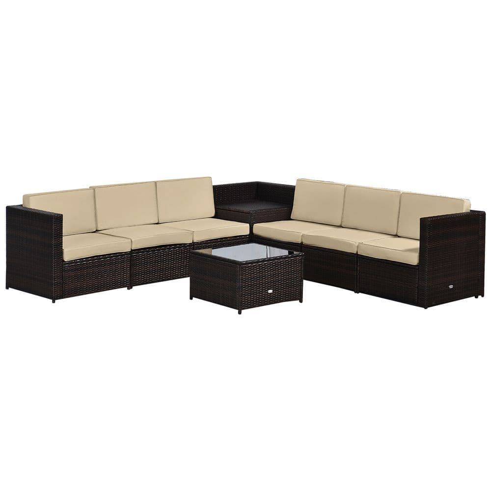 image-Outsunny 6-Seater Rattan Sofa Furniture Set W/Cushions, Steel Frame-Brown