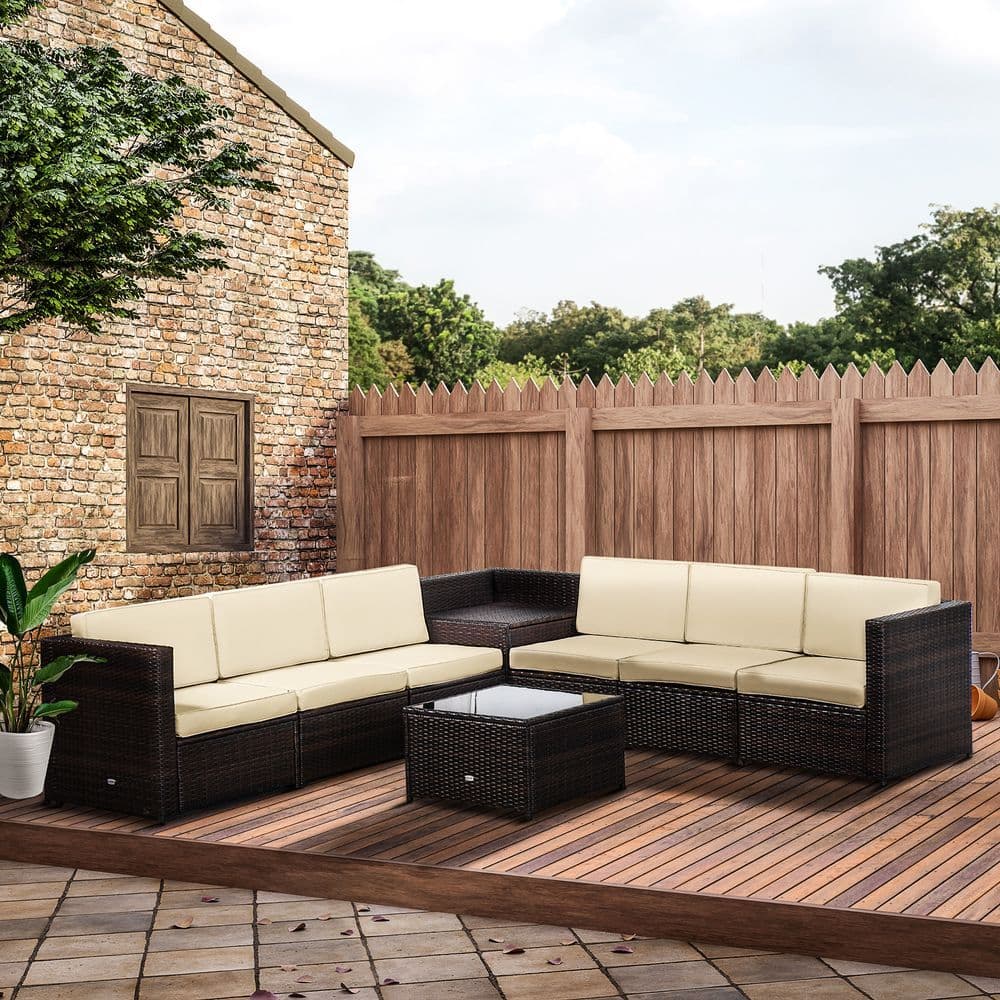 image-Outsunny 6-Seater Rattan Sofa Furniture Set W/Cushions, Steel Frame-Brown