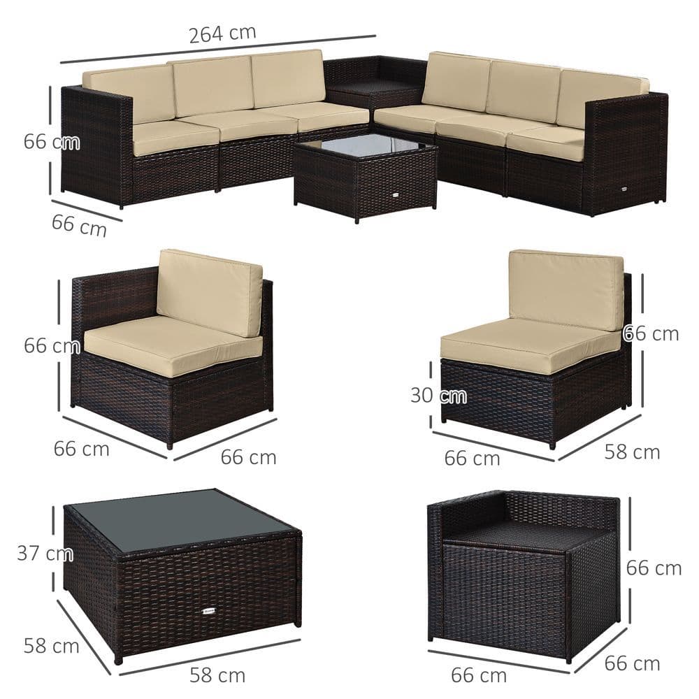 image-Outsunny 6-Seater Rattan Sofa Furniture Set W/Cushions, Steel Frame-Brown