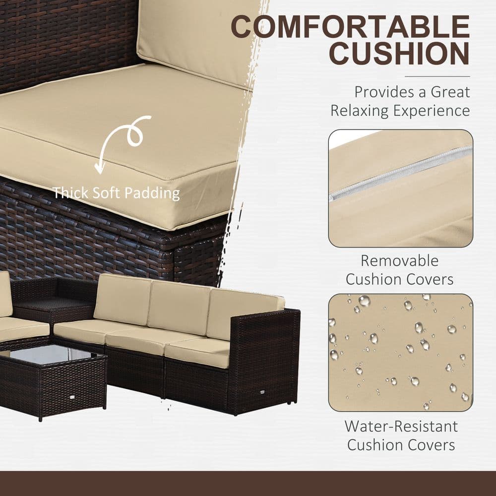 image-Outsunny 6-Seater Rattan Sofa Furniture Set W/Cushions, Steel Frame-Brown