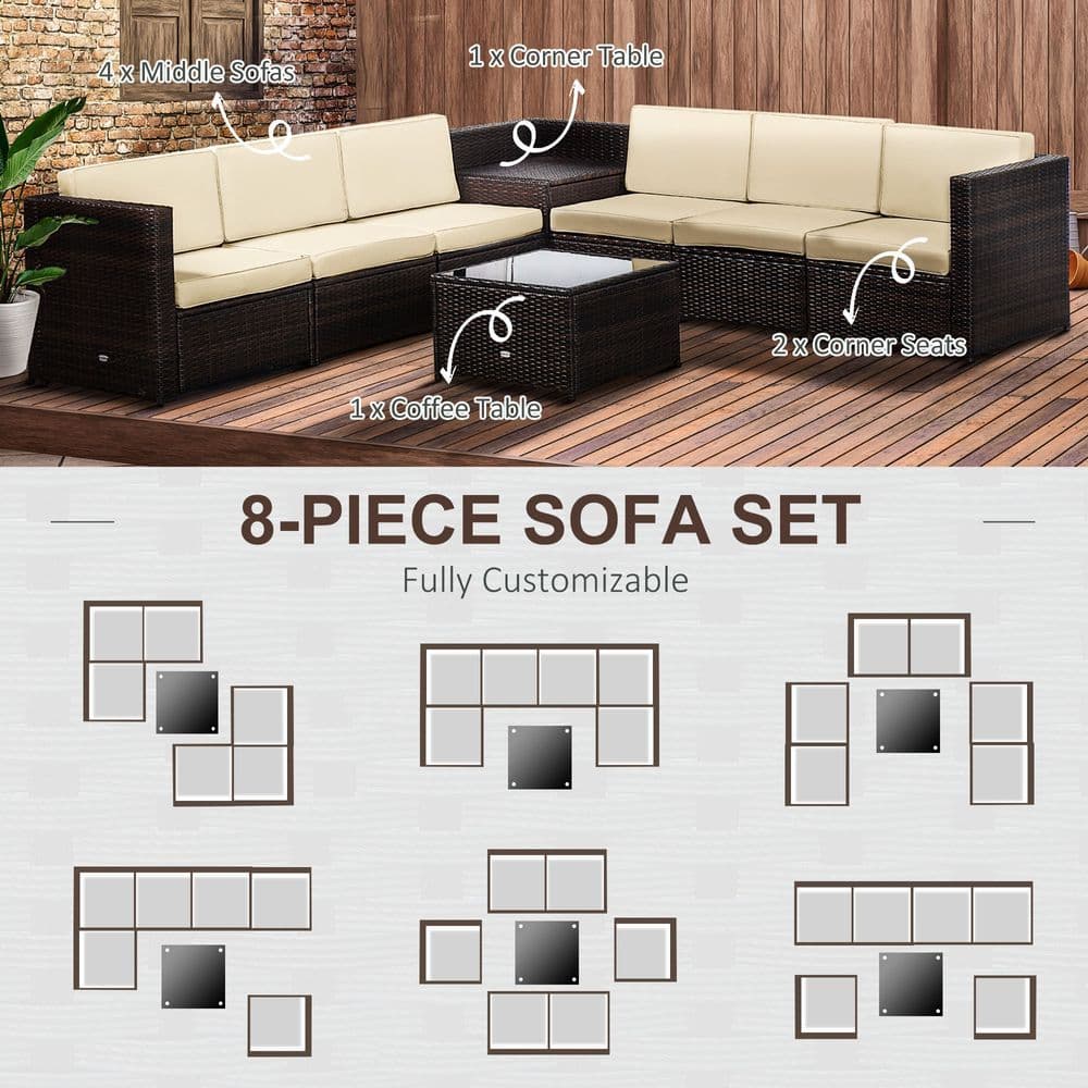 image-Outsunny 6-Seater Rattan Sofa Furniture Set W/Cushions, Steel Frame-Brown