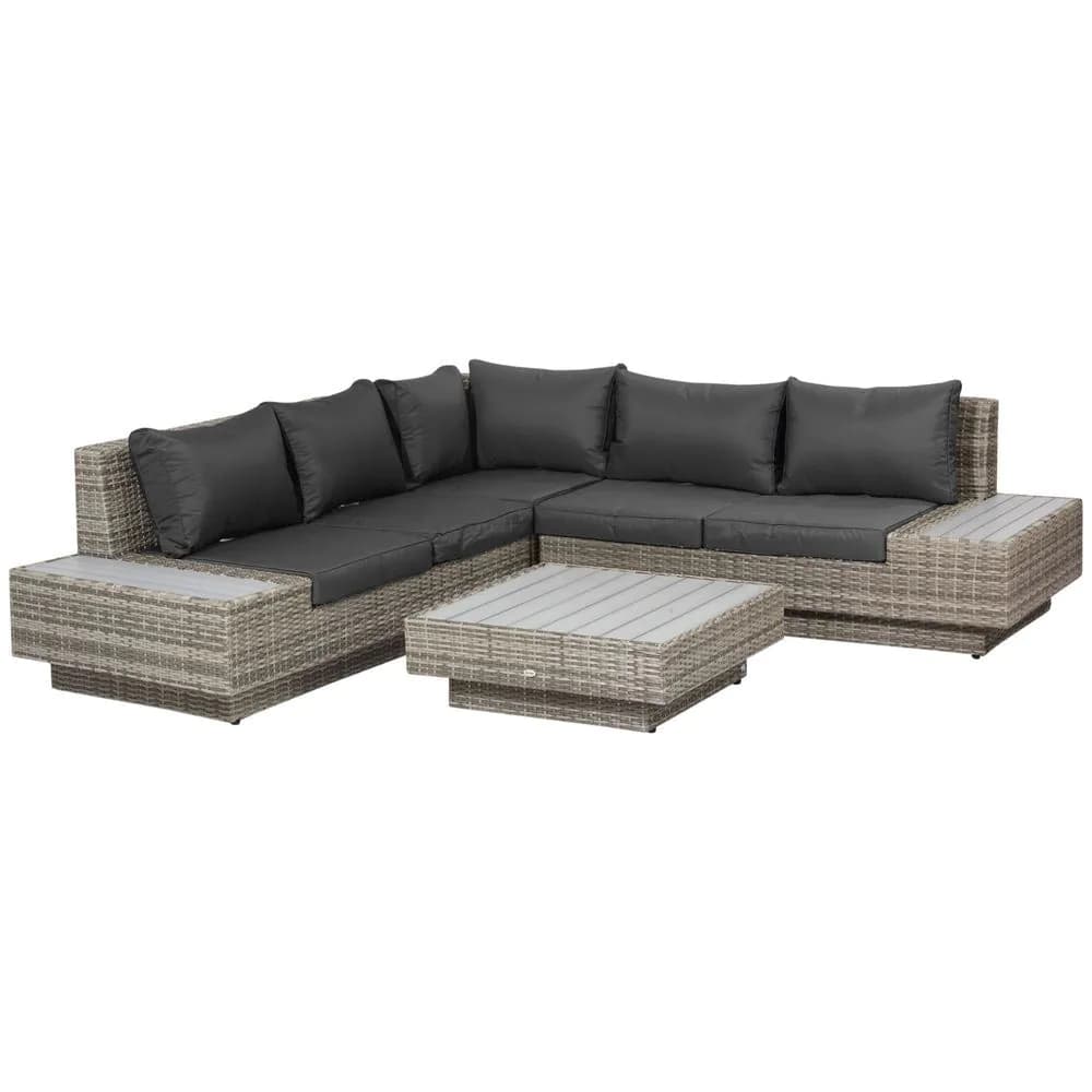 image-5-Seater Rattan Sectional Corner Sofa Table Set Cushions - Light Grey