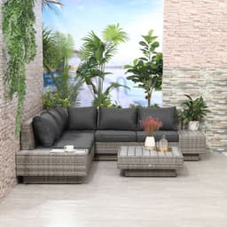 image-5-Seater Rattan Sectional Corner Sofa Table Set Cushions - Light Grey