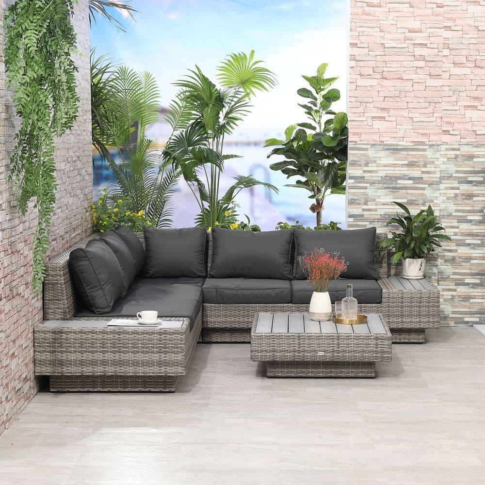 image-5-Seater Rattan Sectional Corner Sofa Table Set Cushions - Light Grey