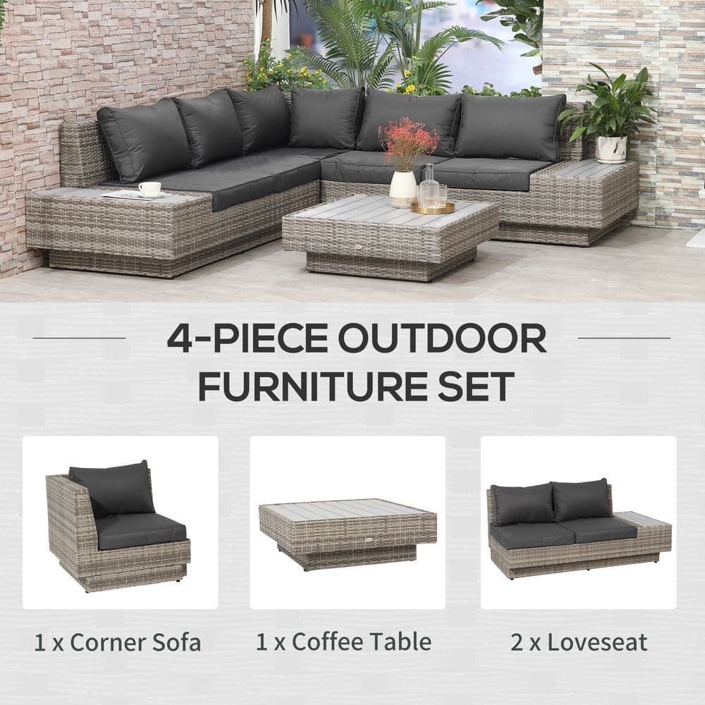image-5-Seater Rattan Sectional Corner Sofa Table Set Cushions - Light Grey
