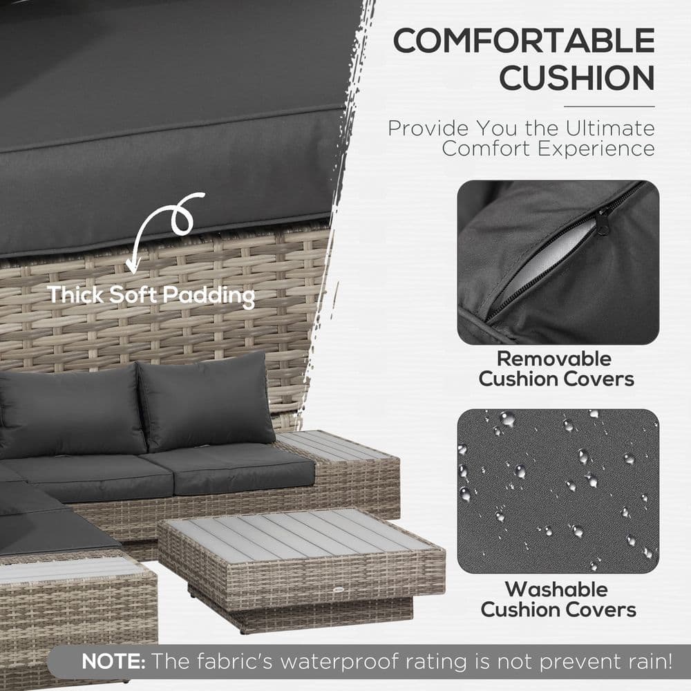 image-5-Seater Rattan Sectional Corner Sofa Table Set Cushions - Light Grey