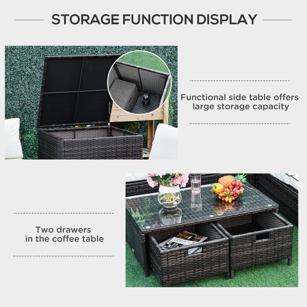 image-4-Seater Rattan Wicker Sofa Storage & Table Set w/ 2 Drawers - Brown