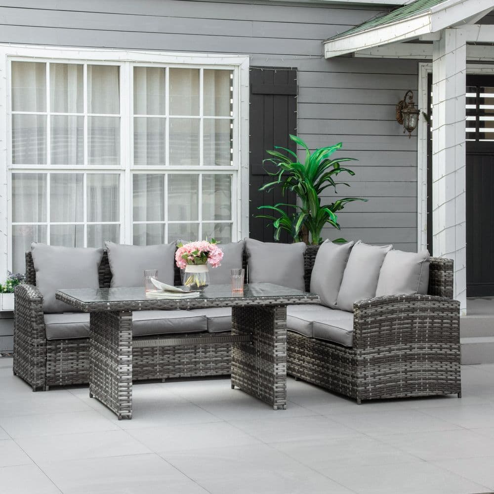 image-5-Seater Patio Dining Table Sets All Weather PE Rattan Sofa Cushions Grey