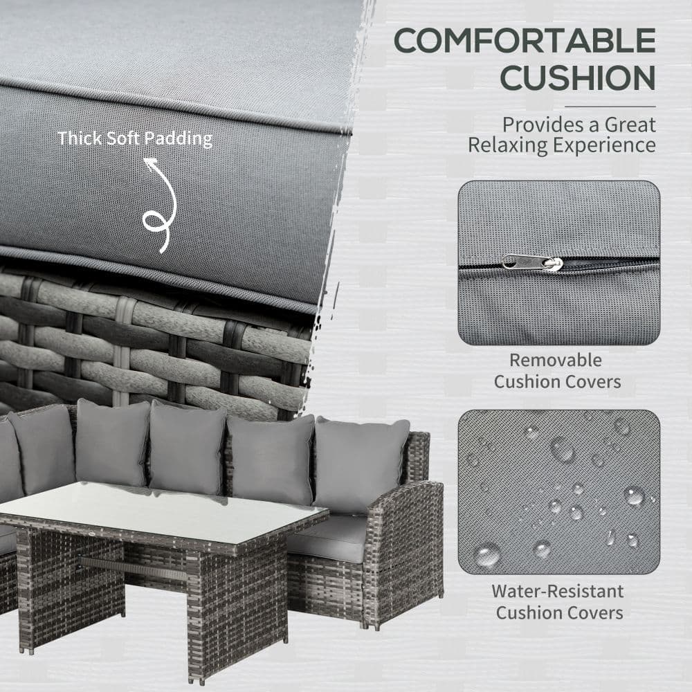 image-5-Seater Patio Dining Table Sets All Weather PE Rattan Sofa Cushions Grey