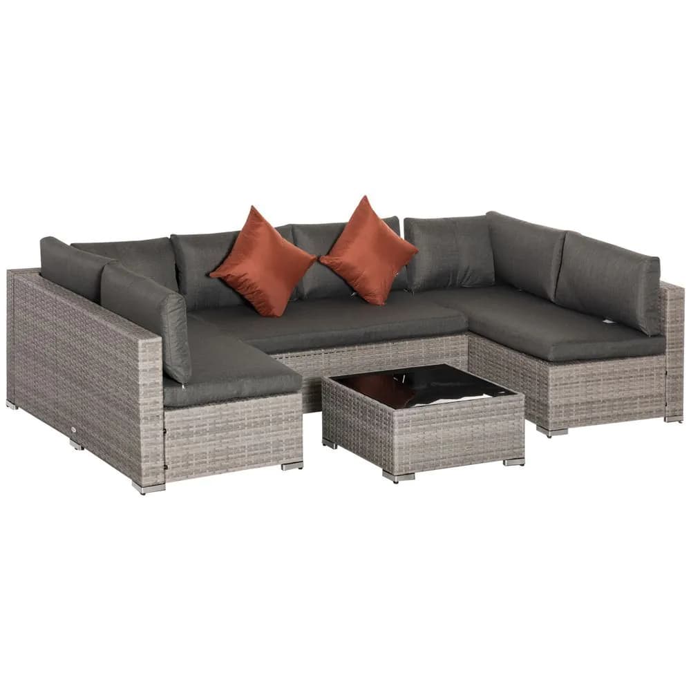 image-6-Seater Patio PE Rattan Sofa Set, w/ Tempered Glass Coffee Table Grey