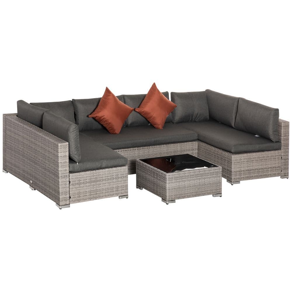 image-6-Seater Patio PE Rattan Sofa Set, w/ Tempered Glass Coffee Table Grey