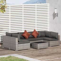 image-6-Seater Patio PE Rattan Sofa Set, w/ Tempered Glass Coffee Table Grey