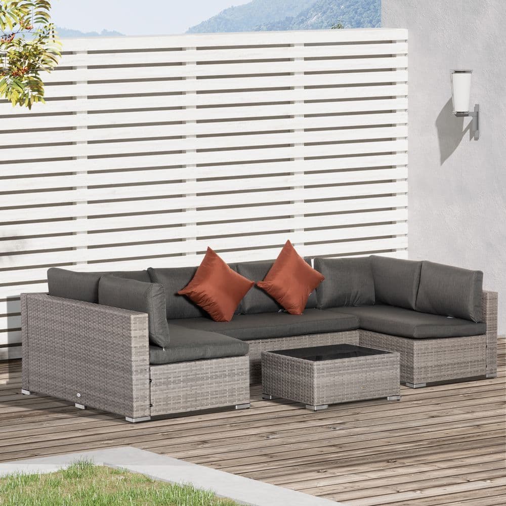 image-6-Seater Patio PE Rattan Sofa Set, w/ Tempered Glass Coffee Table Grey